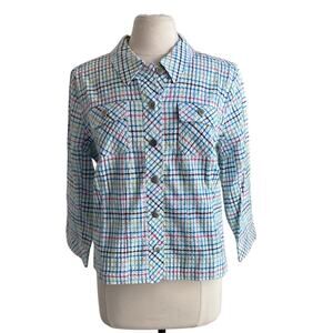 CHRISTOPHER & BANKS Plaid Seersucker Button Down Shirt Womens Sz Medium White